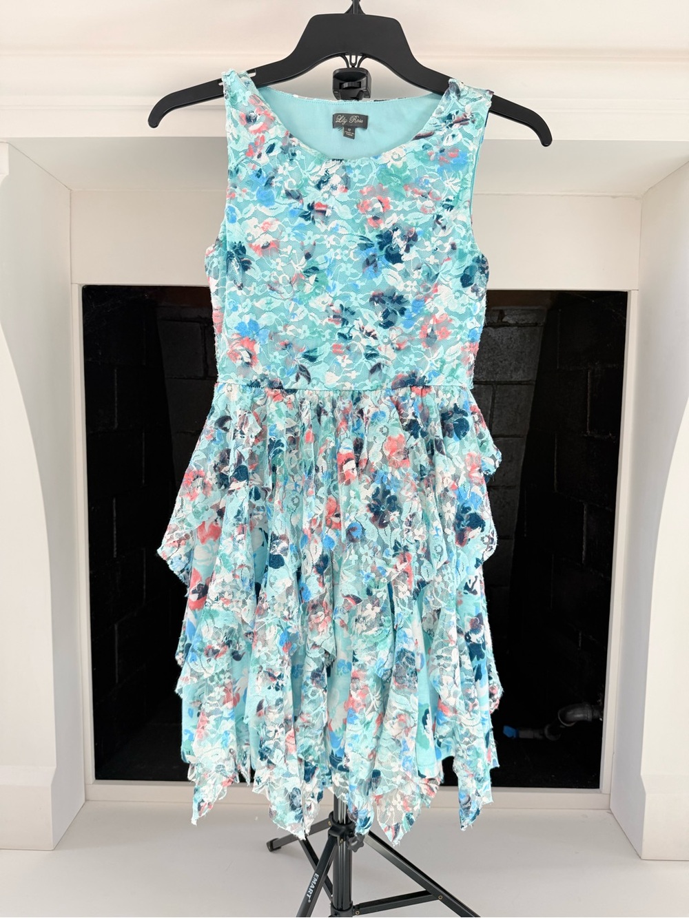 Lily Rose Aqua Floral Lace Tiered Summer Dress-Girls 12